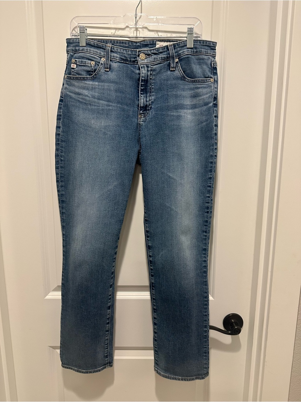 Ag Adriano Goldschmied Mid-Rise Slim Straight Jeans in Mid Blue
